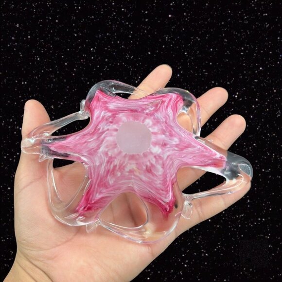 Decorative Art Glass Pink Clear Bowl Basket Swirly Edges 6.5"Wide 2"Tall - Picture 4 of 11